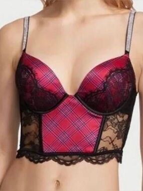 Victoria's Secret Pink Plaid Lace Longline Bustier Bra